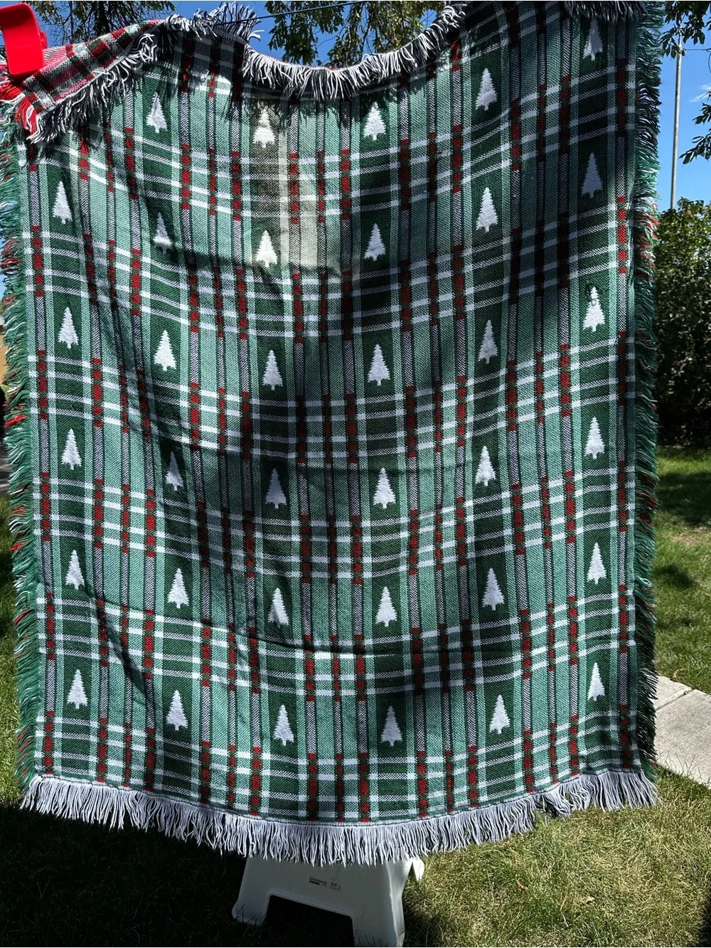 Holiday Plaid Throw Blanket with Pine Tree Motif - Red & Green reversible fringe